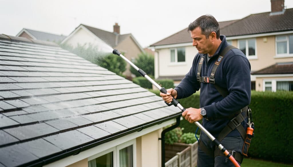 Lance télescopique pour nettoyer une toiture en sécurité