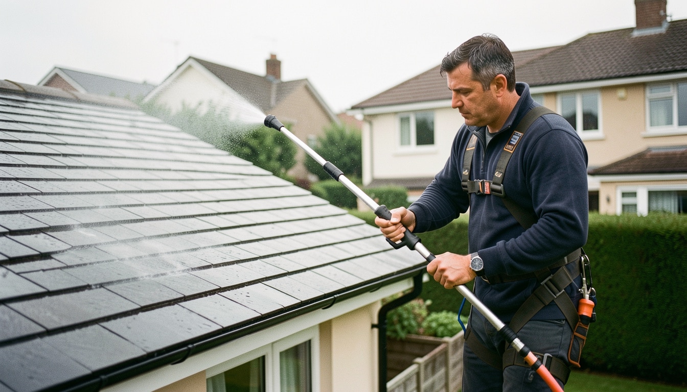 Lance télescopique pour nettoyer une toiture en sécurité
